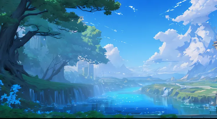 Masterpiece, high detail, 8K resolution, ConceptArt, scenery, water, sky, day, tree, cloud, waterfall, outdoors, protoss building, nature, river, blue sky, Makoto Shinkai artstyle