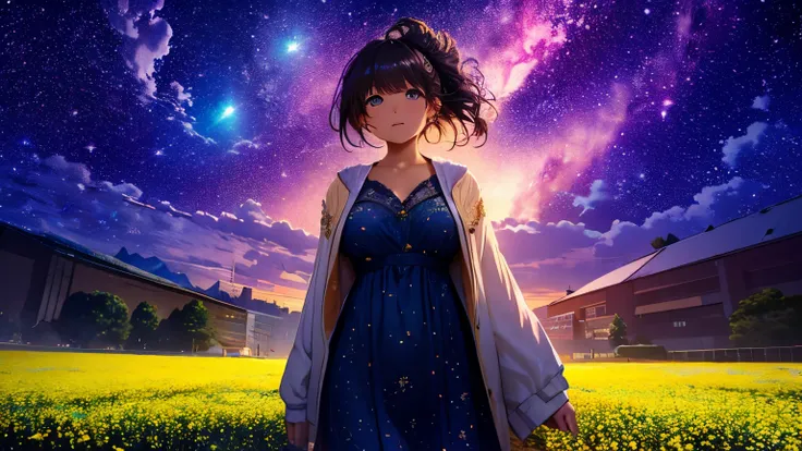 masterpiece、background（（Dreamy starry sky、Cosmic dust cluster、Glowing flowers everywhere、Flower Field））、About 30 years old、A beautiful girl、charm、Giant titanium so big，Almost spilling out of your clothes、The embroidery on the mini dress is beautiful，Showin...