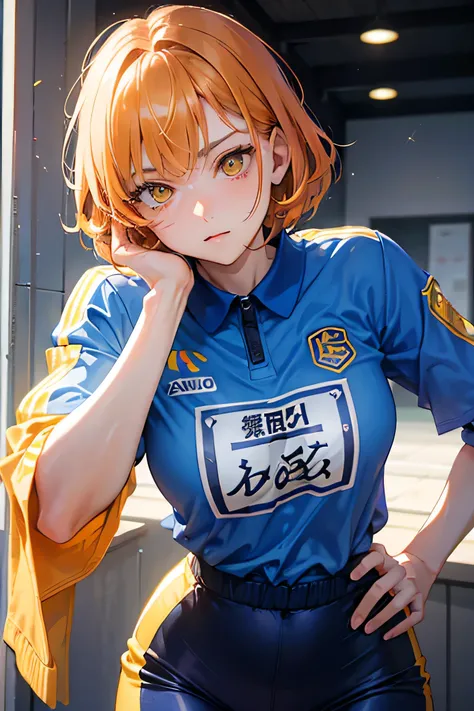 Cool adult woman with yellow eyes wearing a sports uniform、1 person、Mikage Leo Style、Orange brown short hair、Bold poses and expressions、Self-righteousness, Condescending attitude、hologram、masterpiece、That&#39;s excellent、Spread your hands、Exposure is modes...