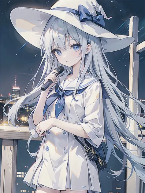 A girl stands on the rooftop of a high-rise building overlooking Tokyo late at night、High school student wearing sailor suit、She wears a large witch&#39;s hat with a small sapphire accessory、A few star creams、Beautiful starry sky、Beautiful night view