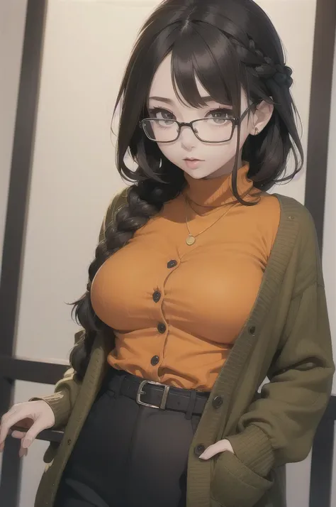 (masterpiece1.5),adult lady,Huge breasts,Solo,(((braid))), Long hair, half-opened mouth,(Red Frame Glasses),(Black hair), (large eyes with double eyelids),(Thick lip),(lofty nose),(High gauge (tight fitted:1.1) (Black:1.3) turtle neck:1.1), (Tuck-in:1.3), ...