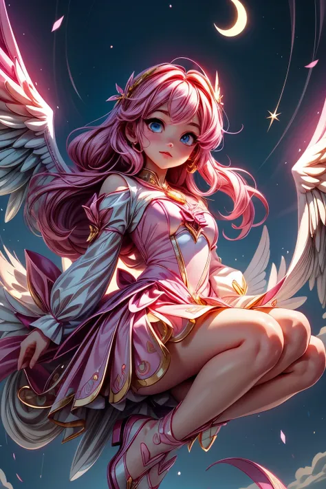 one girl、magical girl、floating in the sky、pink magic、fantasy art、floating in the sky、angle from below、angel、angelの翼