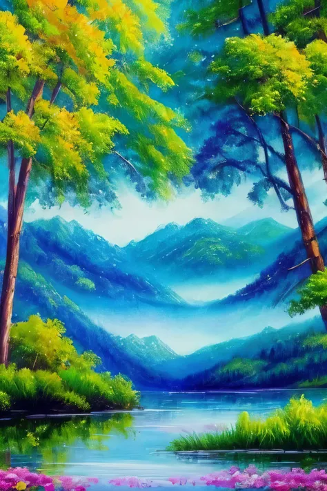 Generate a vibrant, impressionistic watercolor backdrop depicting serene lakes and lush trees, inspired by the distinctive style of Claude Monet.