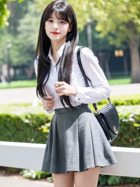 (8k), (highest quality: 1.2), (Realistic), (Realistic: 1.37), Ultra-high resolution, 1 girl, cute, High 、Long black hair、Beautiful Face、Beautiful mini skirt、whole body、Beautiful legs、Are standing、１５age