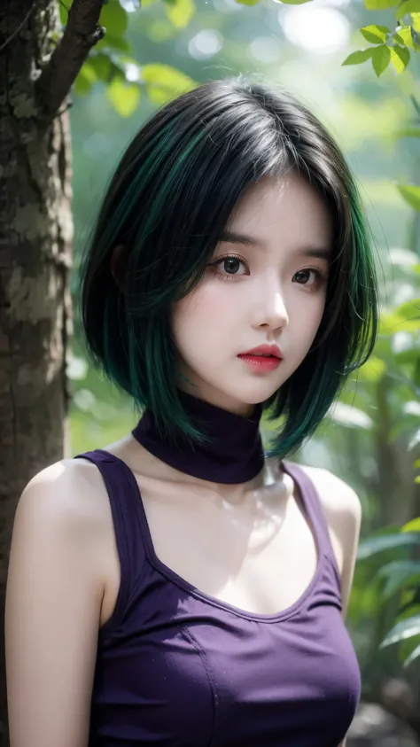 Rath 867, 1 Girl, Solitary, (forest green hair:1.2), Asymmetrical hairstyle, (Purple clothes:1.2) masterpiece, best quality, photoPractical, Practical, (original photo, 8K Ultra HD, Film Grain), Caustic lines, Subsurface scattering 