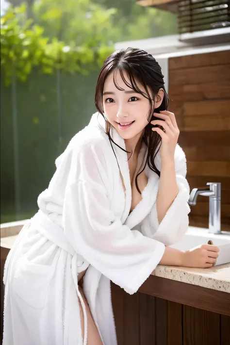 White bathrobe、Wet hair、A beautiful woman with a clear complexion、cute、It&#39;s night outside、Luxurious living room in the background