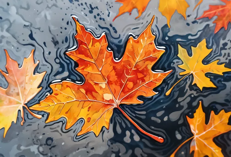 Ink illustration, realistic, extremely detailed, a close up of a fall sugar maple leaf floating on a reflective pond, vibrant color palette, asymmetrical fractals, sense of depth, ink stains, ink runs, ink splatters, ink spots