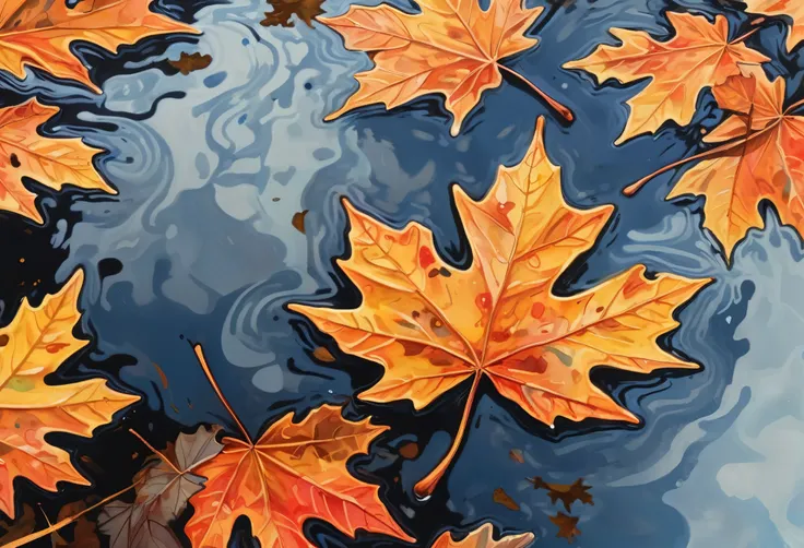 ink illustration, realistic, extremely detailed, a close up of a fall sugar maple leaf floating on a reflective pond, vibrant co...