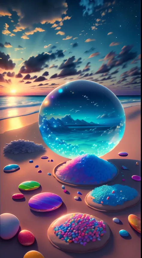 Exquisite scenes，depth of fields，8K，Blue sky，white clouds，The sun shines on the beach，There are many small colorful Candy on the beach，lollipop candy