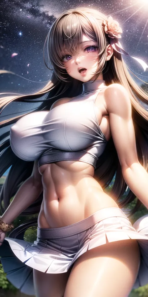 realistic, 1girl, hair round big tits. slightly muscular body, hot sexy body, white, purple eyes, shining eyes, crop top, skirt, open lips, blush, night, flowers, sun, sunshine,