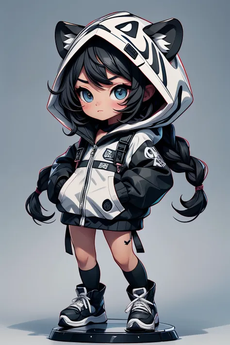 one girl、chibi、black and white tiger costume、wearing a hood、