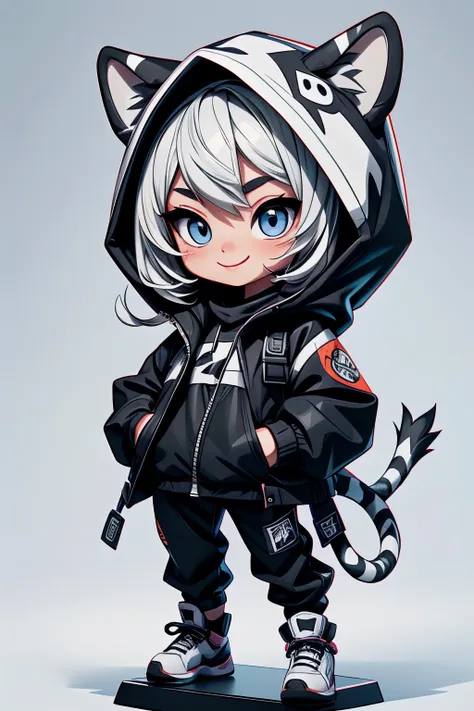 one girl、chibi、black and white tiger costume、wearing a hood、the best smile