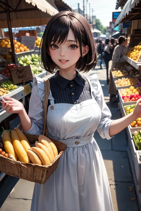 very cute and beautiful girl standing among town market,selling many kind of foods,
(highly detailed beautiful face),cowboy shot,yellow and white floral frilled apron on white blouse,blue skirt,
looking at viewer,(laugh),black hair,people,crowd,
(best qual...