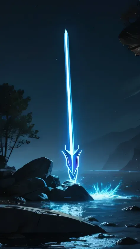 A long electric sword placed on rocks