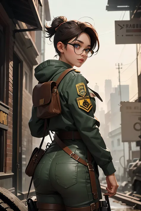 Wide angle, view from behind, a pretty girl messenger, wearing large glasses, undercut hair, wearing postal uniform, in a post-apocalyptic world