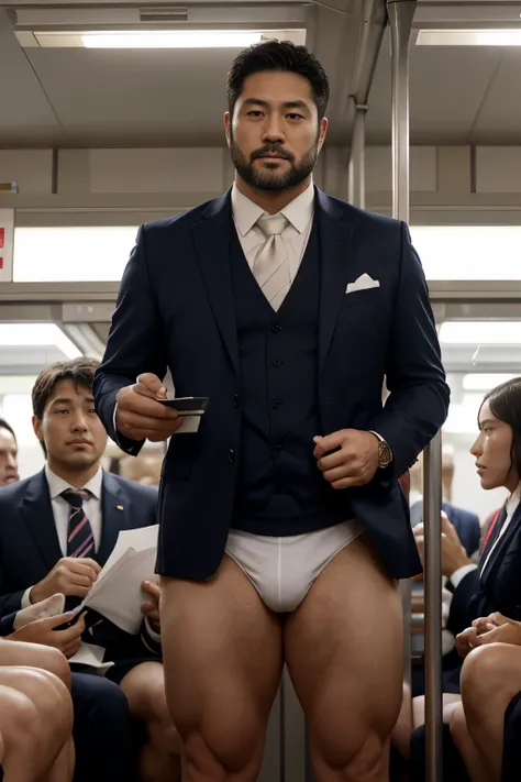 A stocky Japanese man in his 40s, a former rugby player with a short beard and wearing a suit, standing in a crowded train with only underwear underneath, wearing white competitive swim suits
