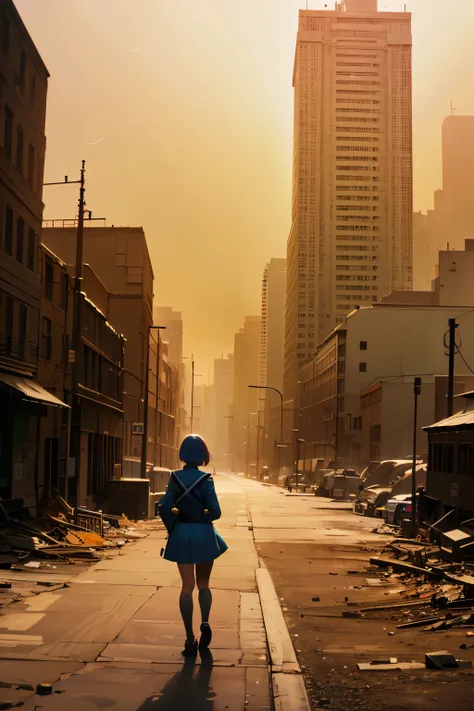 Wide angle, view from behind, a pretty girl messenger, wearing large glasses, undercut hair, wearing postal uniform, in a post-apocalyptic world