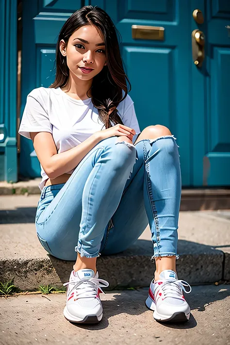 woman in sneakers , feet, skinny jeans、close