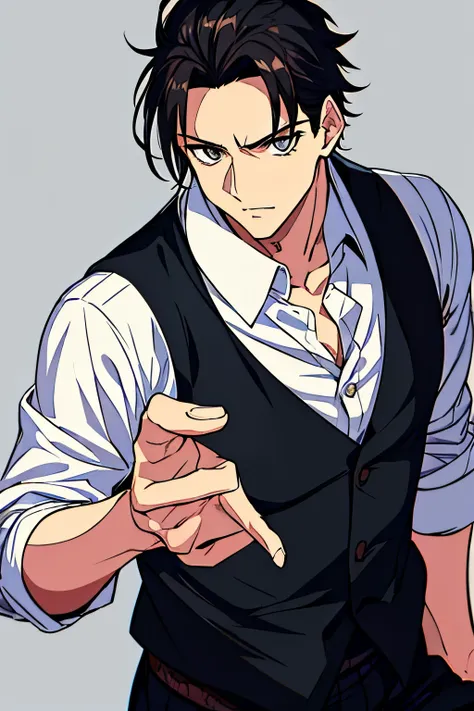 masterpiece,high quality,highres,solo,1boy,hijikata,male focus,grey eyes,black vest,white shirt,black pants,tattoo in his forehead