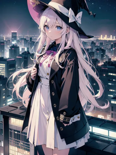 A girl stands on the rooftop of a high-rise building overlooking Tokyo late at night、A high school student wearing a white and black sailor uniform with a pale pink ribbon、She wears a large witch&#39;s hat with a small sapphire accessory、A few star creams、...