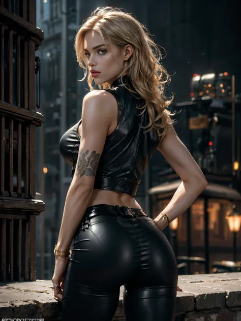 beauty sexy, sensual woman, full body from the back, long wavy mid-back lush blond hair, high athletic slim waist, athletic boyish bottom, tight leather pants, short embroidered sleeveless lace vest accentuates her thin waist, boyish bottom, long shapely t...