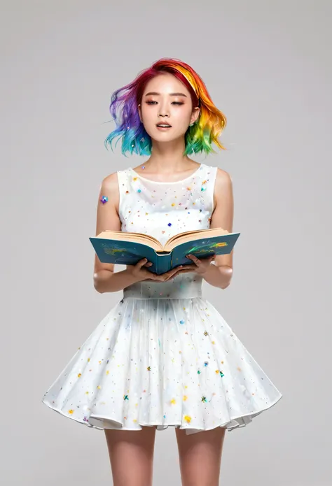 (best quality, Masterpiece), 1 girl, read a book, particle, wind, flower, upper body, simple background, looking at the audience, rainbow hair, thin short dress, universe, nebula, galaxy,The lower body is beautifully curved.