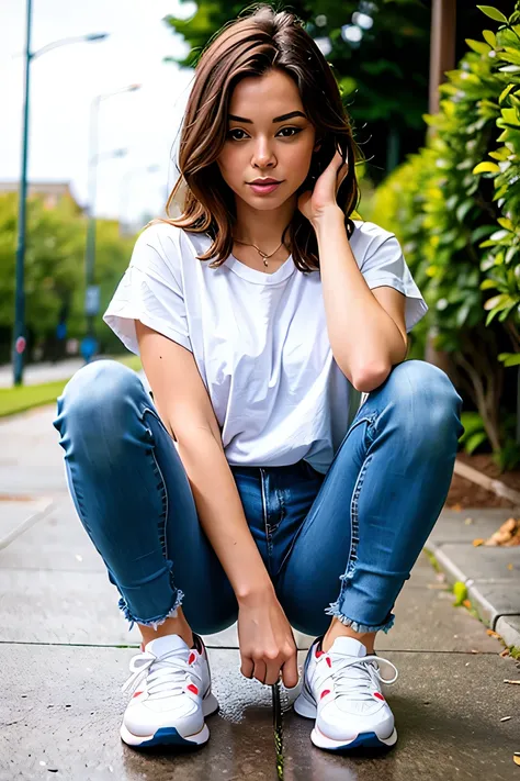 woman in sneakers , feet, skinny jeans、close