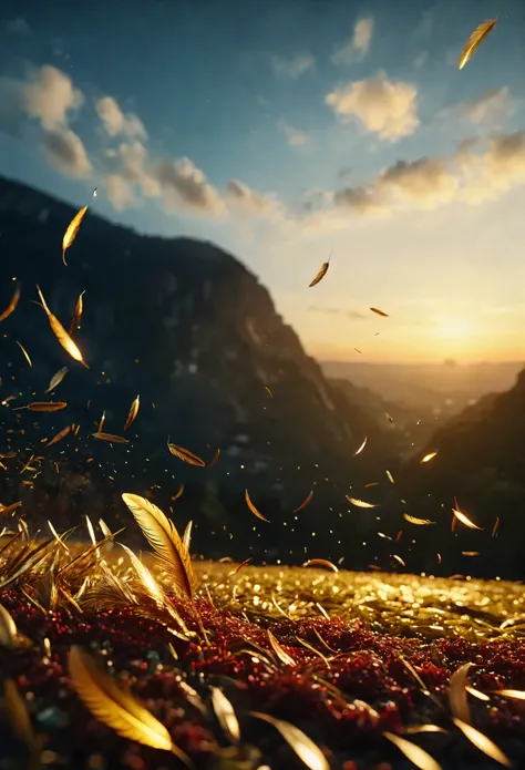 ((Masterpiece in maximum 16K resolution):1.6),((soft_color_photograpy:)1.5), ((Ultra-Detailed):1.4),((Movie-like still images and dynamic angles):1.3),((Wide cinematic lens):1.1). | ((Wide Cinematic shot of small golden feathers floating high in the sky):1...