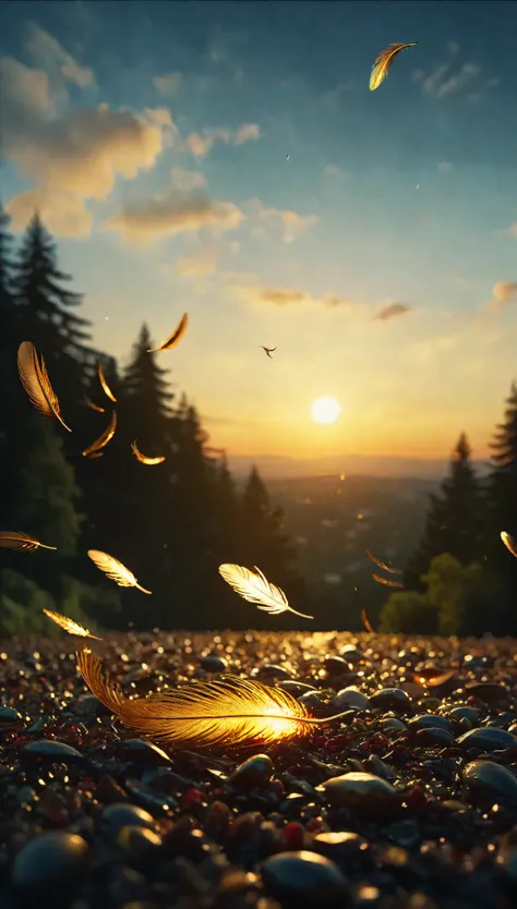 ((Masterpiece in maximum 16K resolution):1.6),((soft_color_photograpy:)1.5), ((Ultra-Detailed):1.4),((Movie-like still images and dynamic angles):1.3),((Wide cinematic lens):1.1). | ((Wide Cinematic shot of small golden feathers floating high in the sky):1...