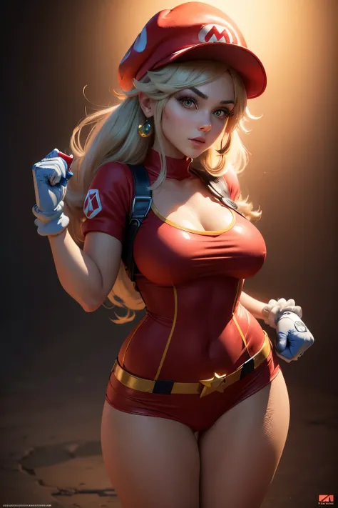 a woman with super Mario hat, wearing a super Mario costume, cute pose, detailed face, detailed body, detailed outfit (reality: 1.4), (A hyper-realistic), (high resolution), (8K), (highly detailed), ( Best Illustration), (detailed eyes), (ultra-detailliert...