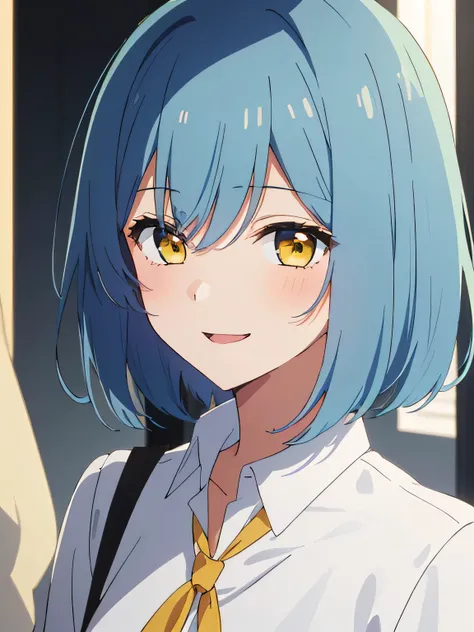 beautiful  lighting, 1girl in, solo, Sky blue hair, short hair length, Golden Yellow eyes colour, white  shirt,  ((anime styled))、((2D))、A smile、Open your mouth, (masterpiece)