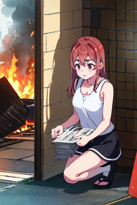 umi Sakurasawa、midnight、1 girl、Crouched down and holding a lit lighter、Black tank top、sexy black shorts、Female thief、In front of the front door of the house、Set fire to a pile of newspapers in front of the entrance、house burning in fire