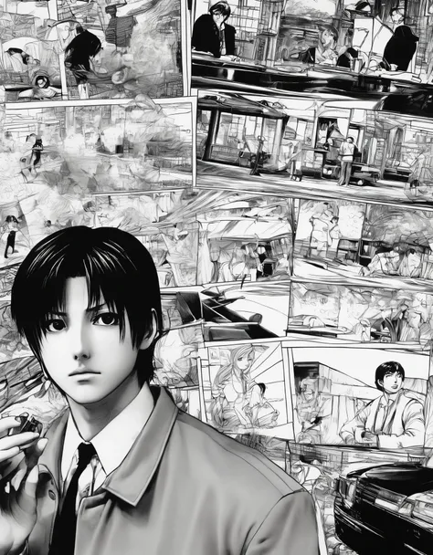 realistic manga，the foreground is a close-up of a character，the background is a comic storyboard，random scenes，big picture