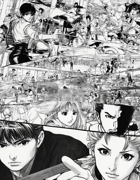 realistic manga，the foreground is a close-up of a character，the background is a comic storyboard，random scenes，big picture