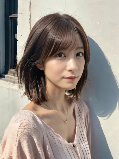 (Highly realistic photos, High resolution, Detailed face, Beautiful Eyes), ((Photographed in front of a white wall))、Japanese women, 40 years old, various expressions, alone:1, Slim figure, Various Hair Styles, Casual clothing, Only one person is in the ph...