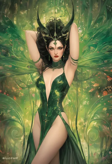 A provocative painting portraying a sultry lady from hell in a captivating green-themed scene, embodying the allure and power of Hela in an epic split-screen composition that heightens the theatricality and mystique of her character. The green color scheme...