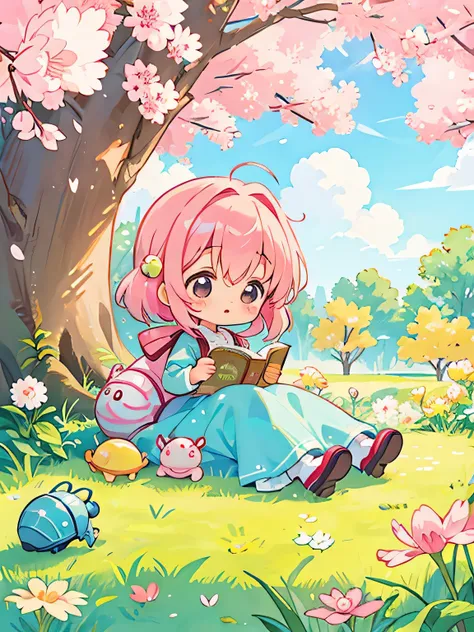 Momoko Sakura style, Kawaii Design, Chibi, reading a book, beautiful spring afternoon、Lots of friendy friend is a pillbug、lovely colorful pillbug