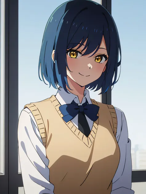 beautiful  lighting, 1girl in, solo, Sky blue hair, short hair length, Golden Yellow eyes colour, white  shirt, Sweater Vest, Black vest, Blue tie, ((anime styled)), ((2D)), A smile , (masterpiece)