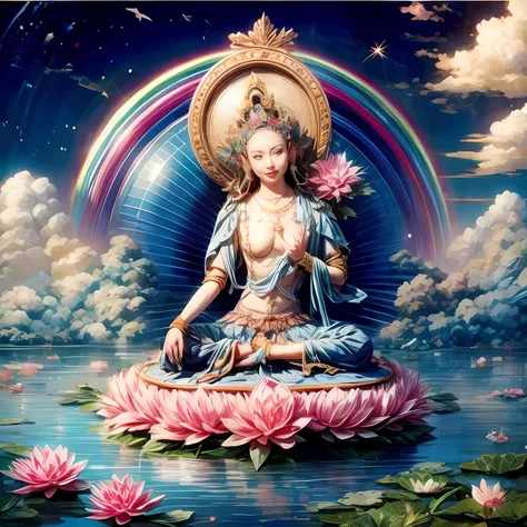 1girl,flower,rainbow,water,cloud,lotus,sky,lotus pedestal,