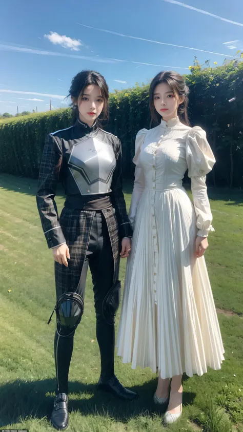 A woman stands next to a robot in a field, italian fashion, tartan clothing, Animation, Scott Robertson, Two models in the framework, victorian era photos, Two Women, warrior  