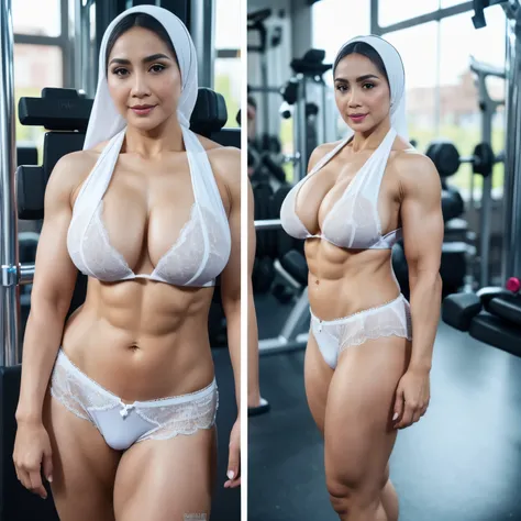 42 years Old, Sugar Mama, Beauty Hijab Indonesian MILF, ((BodyBuilder)), (Sensual Lips), (Beauty Shiny White Skin), Droopiest Massive Large  : 91.8, Lingerie, Polish Nail and face, Full body, Breast about To burst out, Realistic Detailed Perfect abs, at Gy...