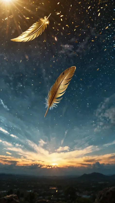 ((Masterpiece in maximum 16K resolution):1.6),((soft_color_photograpy:)1.5), ((Ultra-Detailed):1.4),((Movie-like still images and dynamic angles):1.3),((Wide cinematic lens):1.1). | ((Wide Cinematic shot of small golden feathers floating high in the sky):1...