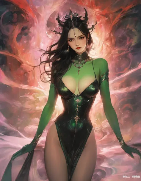 A provocative painting portraying a sultry lady from hell in a captivating green-themed scene, ，Pearl thong，thin gap，embodying the allure and power of Hela in an epic split-screen composition that heightens the theatricality and mystique of her character. ...