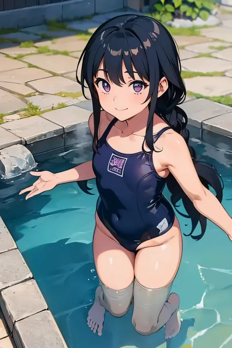 hot spring　8-year-old　Elementary school girl　Flat Chest　Black Hair　Long Hair　Purple Eyes　1 person　smile　Navy blue old school swimsuit　Are standing　　Dynamic Angle　Low - Angle