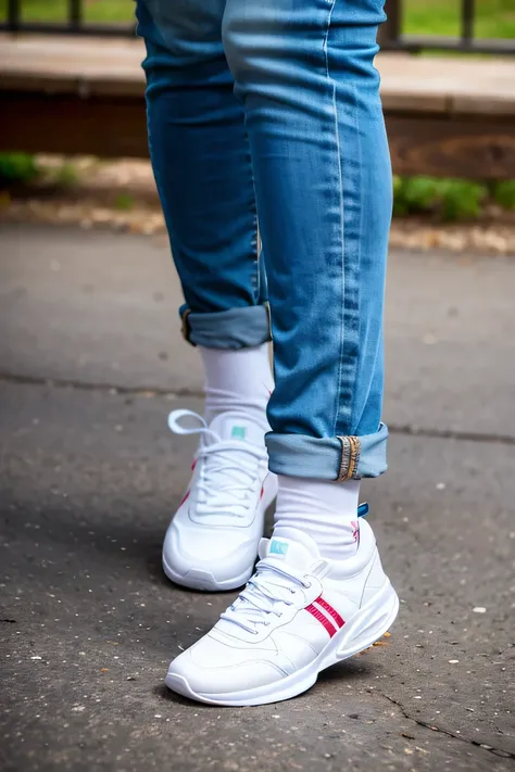 Woman in sneakers , feet, Skinny jeans、socks、close
