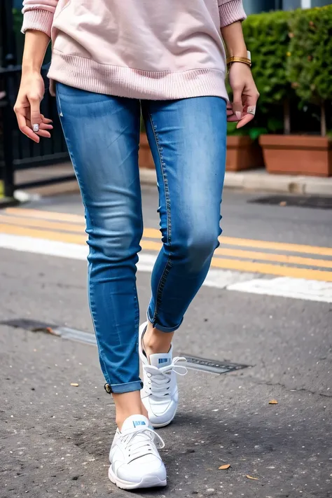 Woman in sneakers , feet, Skinny jeans、socks、close
