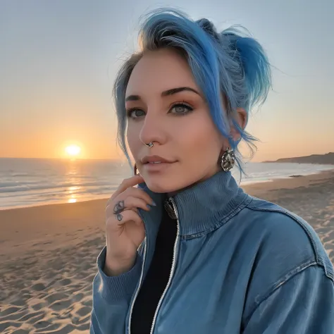 proxy1024 , a woman, blue hair, piercings, nose ring, turtleneck, jeans, beach, sunset, detailed eyes, photography, highly detai...