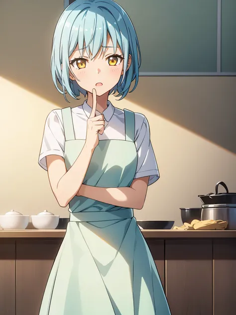 1 girl, short sky blue hair, have bang, golden yellow eyes, open mouth, blushing, surprise, white skin, looking at viewer, small breast, white shirt, wear apron in front, shadow lighting, indoors, in the kitchen, (masterpiece, best quality, beautiful detai...