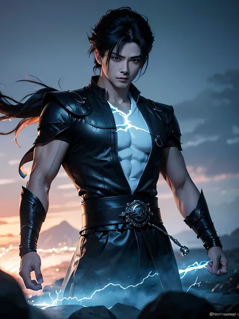 An 8k masterpiece, highest resolution, every detail, meticulous detail, depth of field, bright colors, lightning around,beautiful composition: anime character Gohan impresses with his black hair and glowing eyes Beautifully detailed lighting, standing agai...