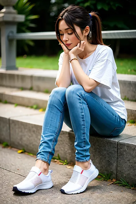 woman in sneakers , feet, skinny jeans、putting on socks、close